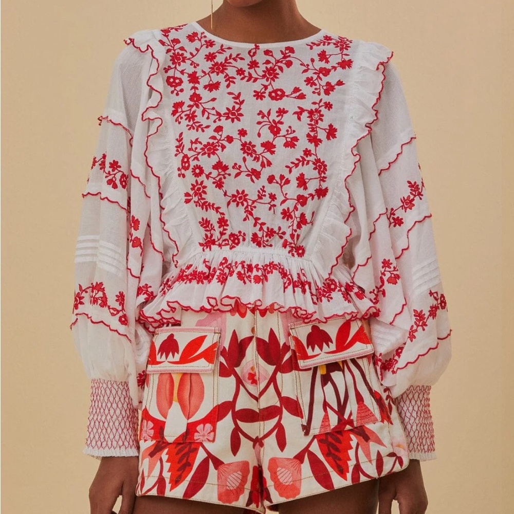 FARM Rio Off-White and Red Embroidered Top